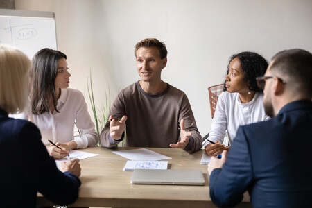 a group of people discussing