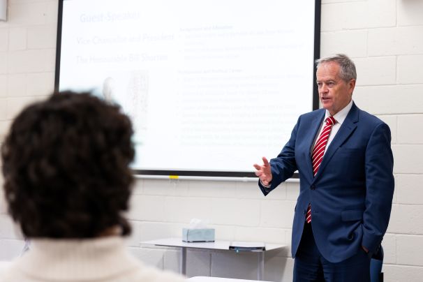 Professor The Honourable Bill Shorten presenting a talk to a University of Canberra Marketing Class - September 2025.